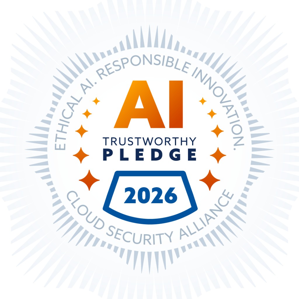 شارة AI Trustworthy Pledge 2026 من Cloud Security Alliance. نص الشارة: Ethical AI. Responsible innovation.